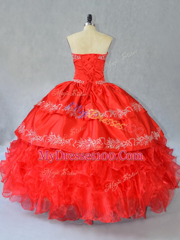 Lovely Sleeveless Floor Length Embroidery and Ruffles Side Zipper Sweet 16 Dresses with Red