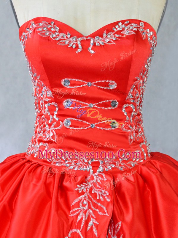 Lovely Sleeveless Floor Length Embroidery and Ruffles Side Zipper Sweet 16 Dresses with Red