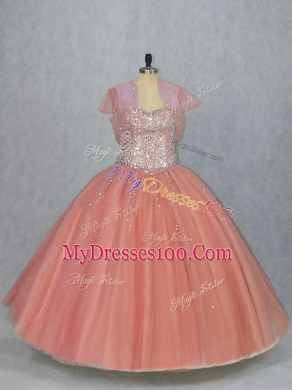 Watermelon Red Lace Up Quinceanera Dress Beading Sleeveless Floor Length