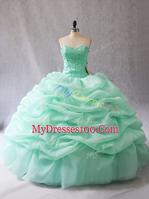 Elegant Apple Green Organza Lace Up Vestidos de Quinceanera Sleeveless Floor Length Beading and Pick Ups