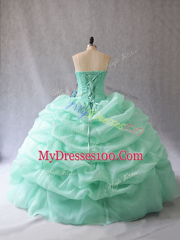 Elegant Apple Green Organza Lace Up Vestidos de Quinceanera Sleeveless Floor Length Beading and Pick Ups