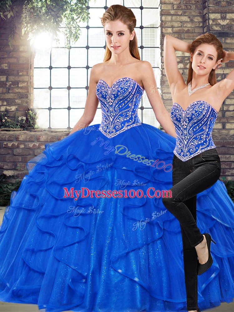 Royal Blue Tulle Lace Up Quince Ball Gowns Sleeveless Floor Length Beading and Ruffles