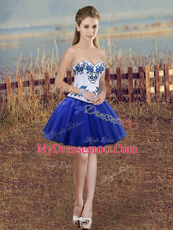 Perfect Royal Blue Prom Gown Prom and Party with Embroidery Sweetheart Sleeveless Lace Up