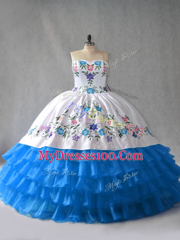Romantic Sleeveless Floor Length Embroidery and Ruffled Layers Lace Up Quince Ball Gowns with Blue And White