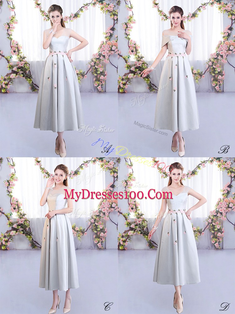 Silver Empire Appliques Quinceanera Dama Dress Lace Up Satin Sleeveless Tea Length