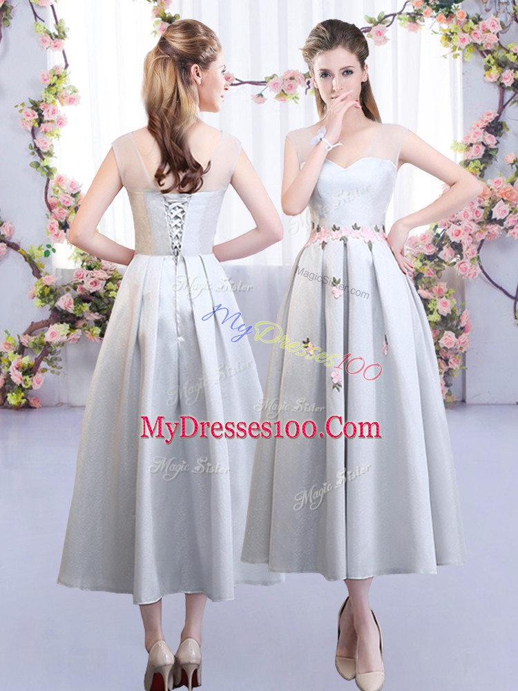 Silver Empire Appliques Quinceanera Dama Dress Lace Up Satin Sleeveless Tea Length
