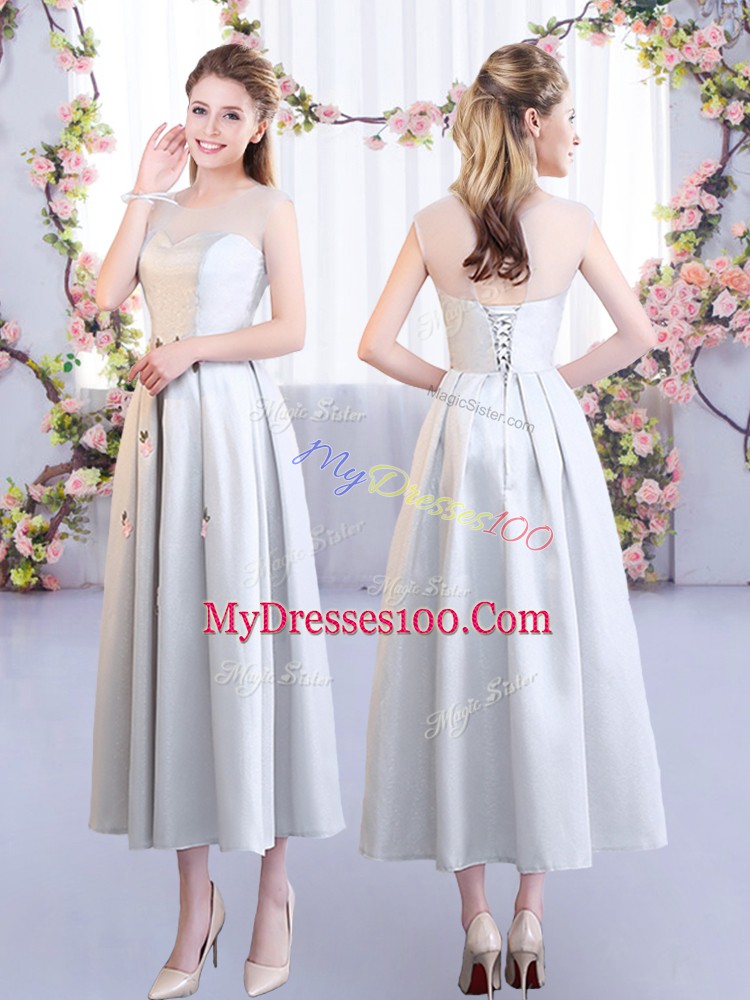 Silver Empire Appliques Quinceanera Dama Dress Lace Up Satin Sleeveless Tea Length