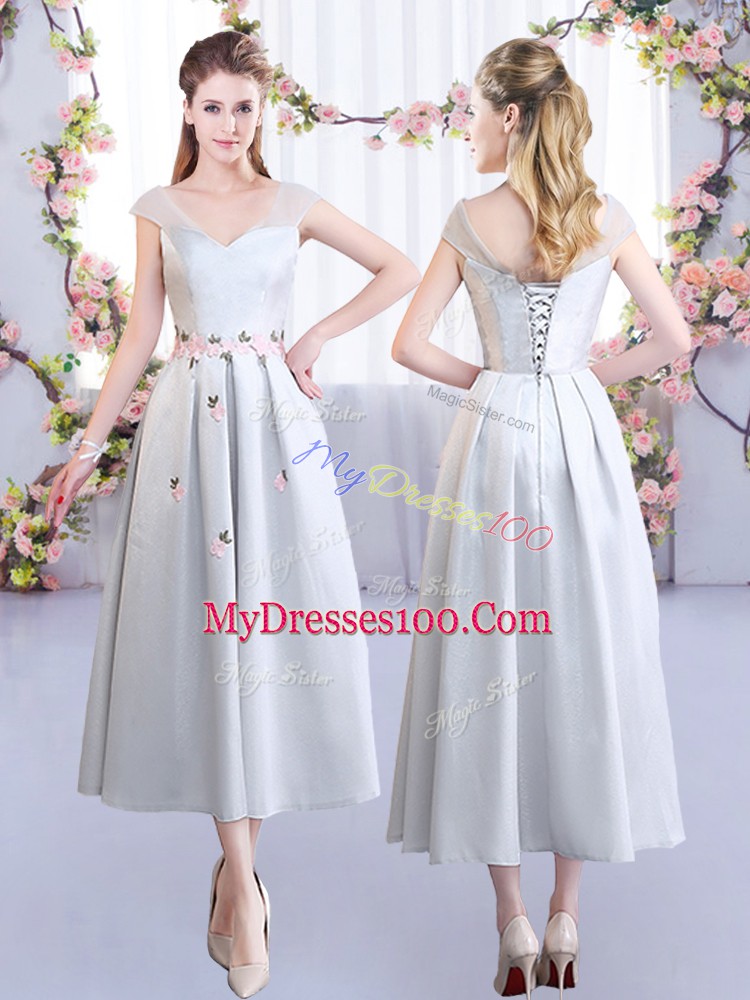 Silver Empire Appliques Quinceanera Dama Dress Lace Up Satin Sleeveless Tea Length