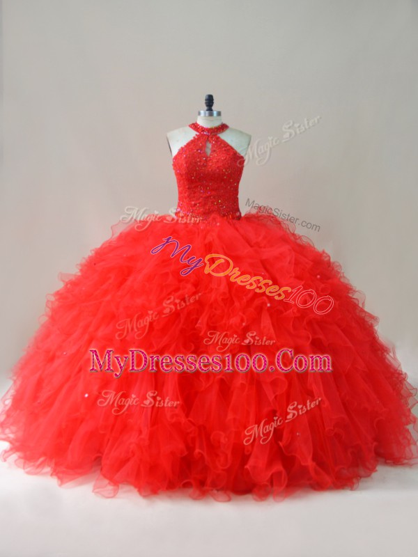 Elegant Red Ball Gowns Beading and Ruffles Sweet 16 Quinceanera Dress Lace Up Tulle Sleeveless Floor Length