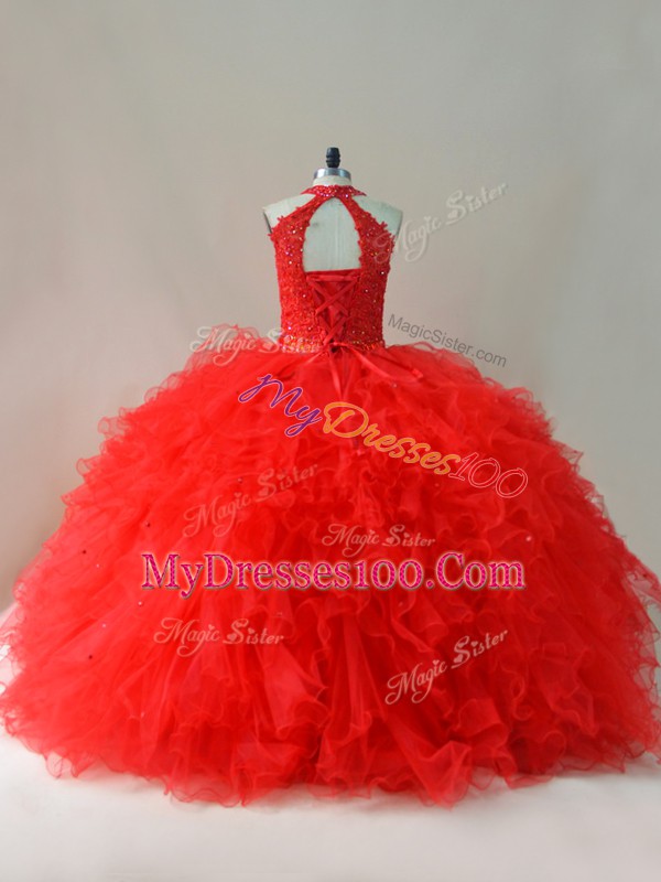 Elegant Red Ball Gowns Beading and Ruffles Sweet 16 Quinceanera Dress Lace Up Tulle Sleeveless Floor Length