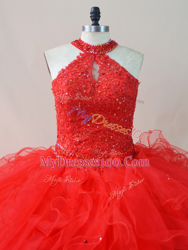 Elegant Red Ball Gowns Beading and Ruffles Sweet 16 Quinceanera Dress Lace Up Tulle Sleeveless Floor Length