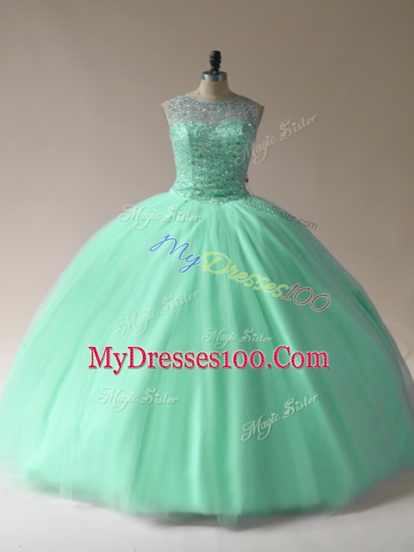 Apple Green Sweet 16 Dresses Sweet 16 and Quinceanera with Beading Scoop Sleeveless Lace Up
