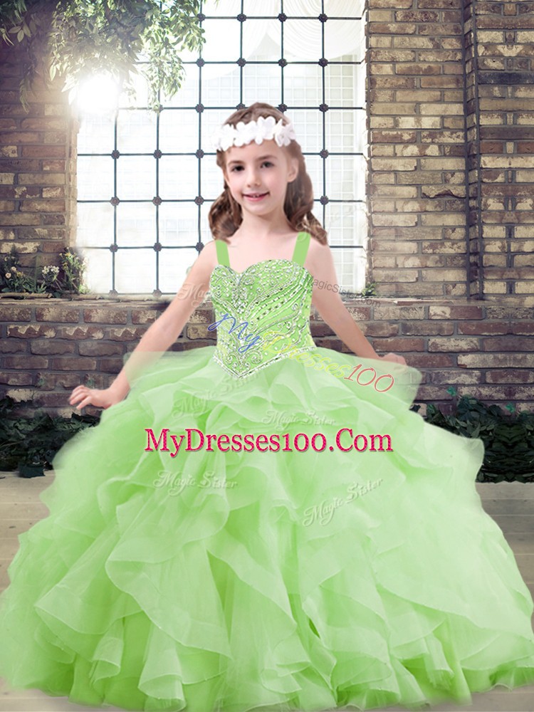 Straps Sleeveless Lace Up Kids Formal Wear Yellow Green Tulle