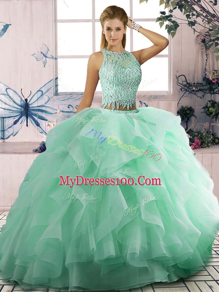 Modest Tulle Sleeveless Floor Length Quinceanera Gown and Beading and Ruffles