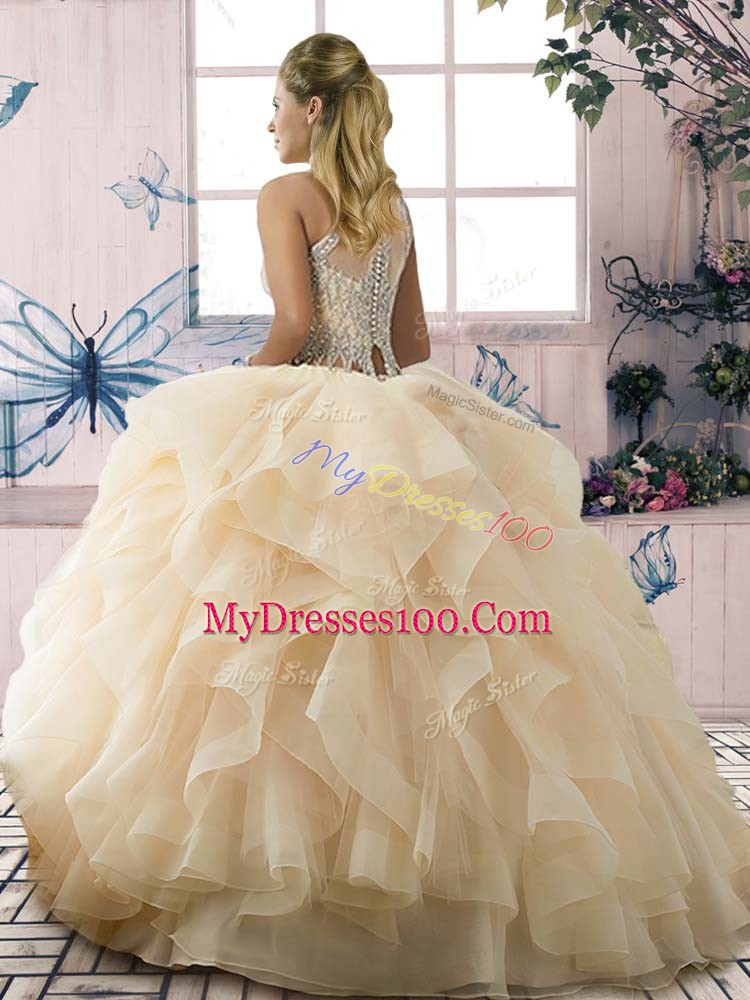 Modest Tulle Sleeveless Floor Length Quinceanera Gown and Beading and Ruffles