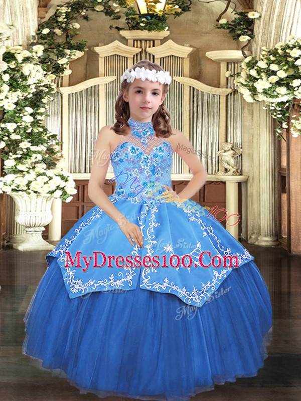 Most Popular Blue Ball Gowns Embroidery Little Girls Pageant Dress Lace Up Tulle Sleeveless Floor Length