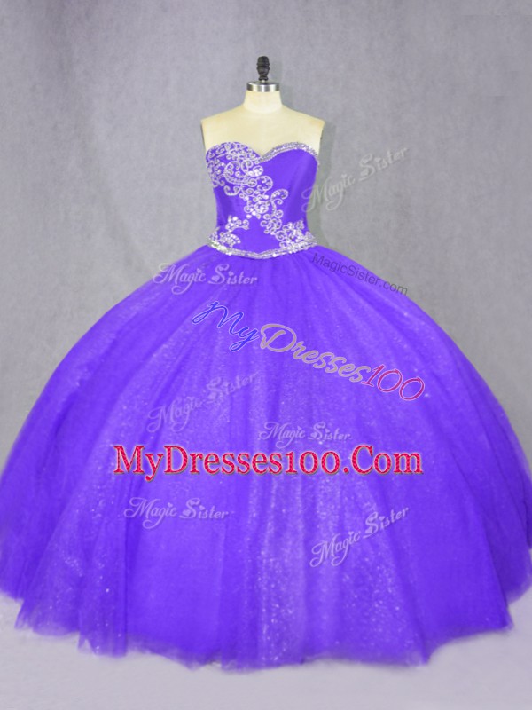Free and Easy Purple Ball Gowns Beading 15 Quinceanera Dress Lace Up Tulle Sleeveless Floor Length