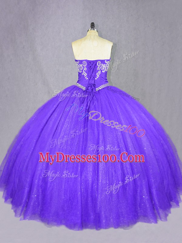 Free and Easy Purple Ball Gowns Beading 15 Quinceanera Dress Lace Up Tulle Sleeveless Floor Length