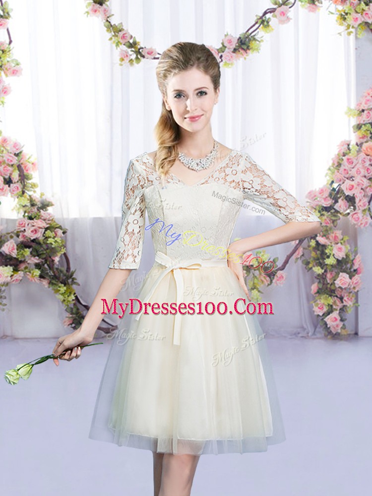 Lace and Bowknot Vestidos de Damas Champagne Lace Up Half Sleeves Mini Length