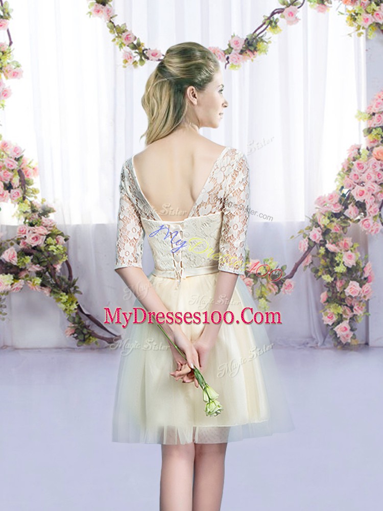 Lace and Bowknot Vestidos de Damas Champagne Lace Up Half Sleeves Mini Length