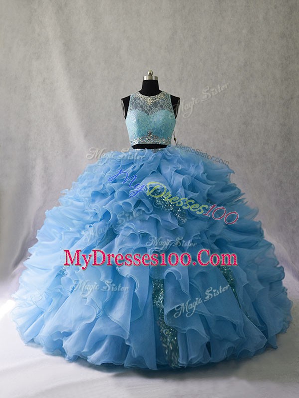 Blue Two Pieces Organza Scoop Sleeveless Beading and Ruffles Zipper Ball Gown Prom Dress Brush Train