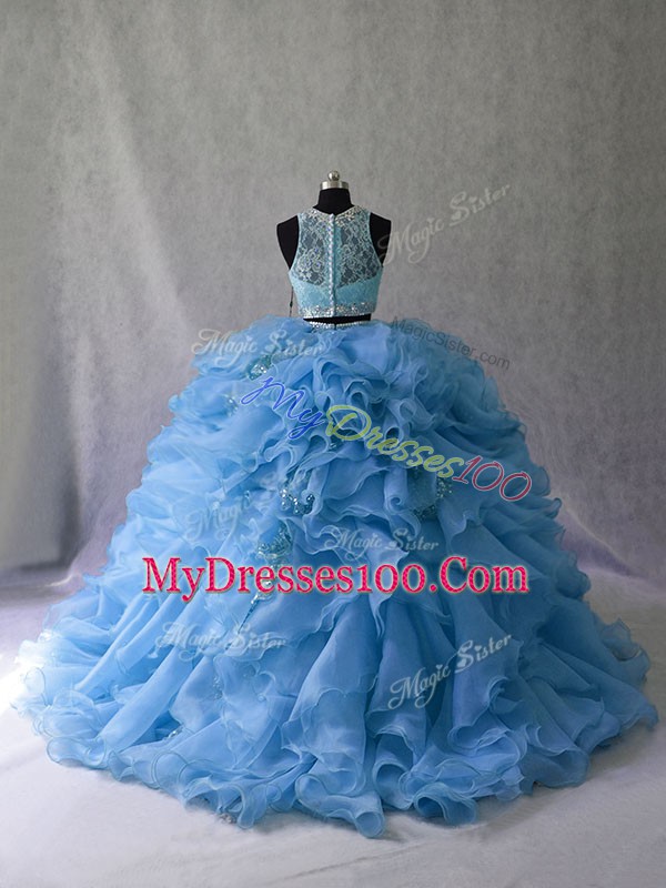 Blue Two Pieces Organza Scoop Sleeveless Beading and Ruffles Zipper Ball Gown Prom Dress Brush Train