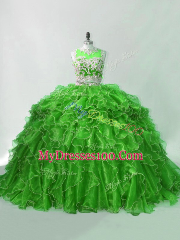 Colorful Green Zipper Quinceanera Dresses Beading and Ruffles Sleeveless Brush Train