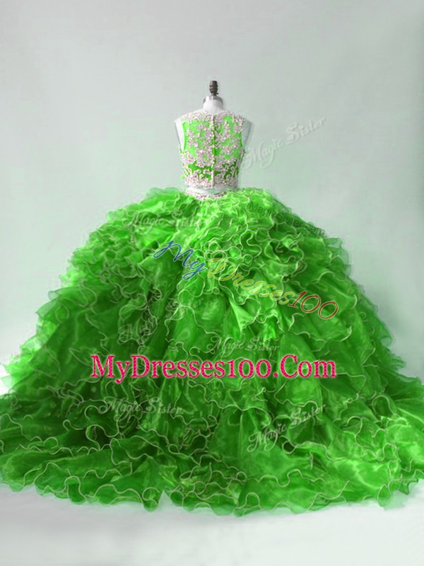 Colorful Green Zipper Quinceanera Dresses Beading and Ruffles Sleeveless Brush Train