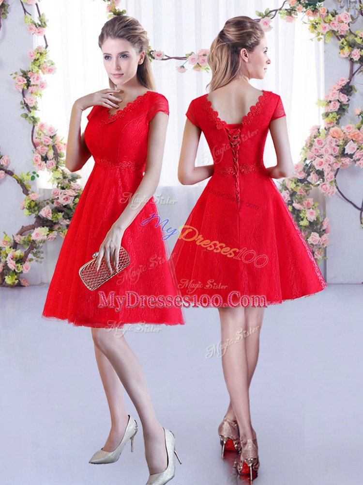 Stylish Mini Length A-line Cap Sleeves Red Bridesmaids Dress Lace Up