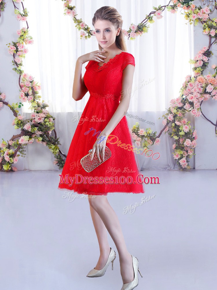 Stylish Mini Length A-line Cap Sleeves Red Bridesmaids Dress Lace Up