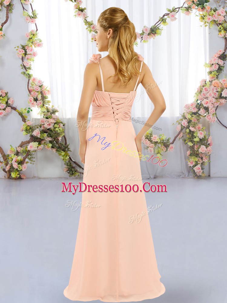 Customized Empire Chiffon Straps Sleeveless Hand Made Flower Floor Length Lace Up Bridesmaid Gown