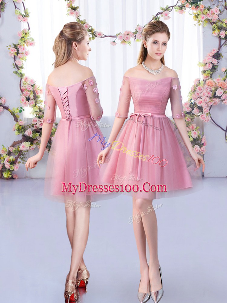 Mini Length Pink Bridesmaid Dresses Off The Shoulder Half Sleeves Lace Up