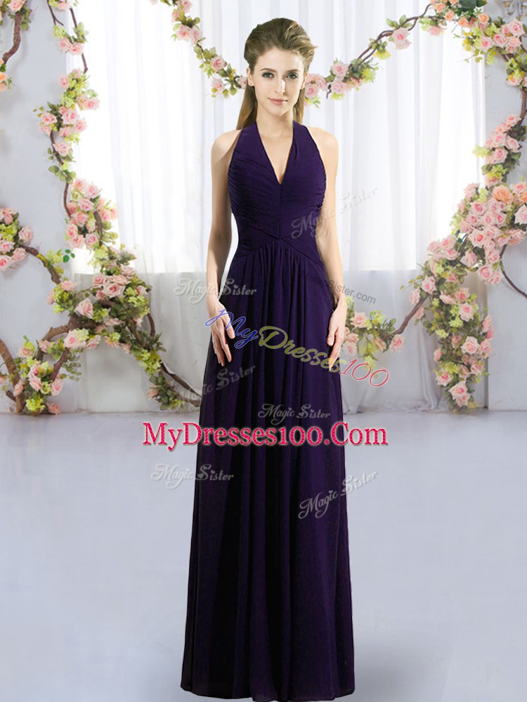 Super Dark Purple Chiffon Zipper Bridesmaid Gown Sleeveless Floor Length Ruching