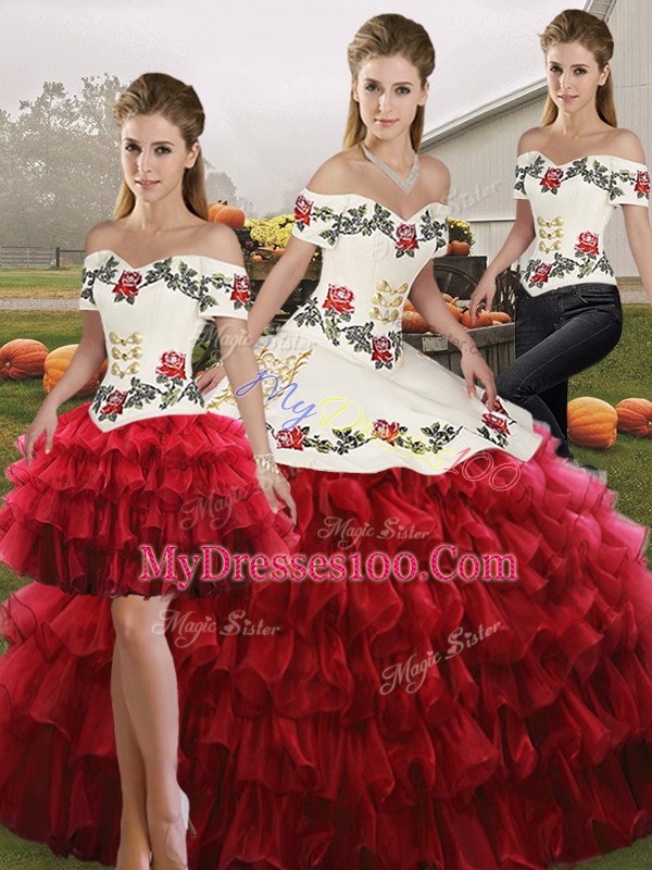 Trendy Wine Red Quinceanera Dresses Military Ball and Sweet 16 and Quinceanera with Embroidery and Ruffled Layers Off The Shoulder Sleeveless Lace Up