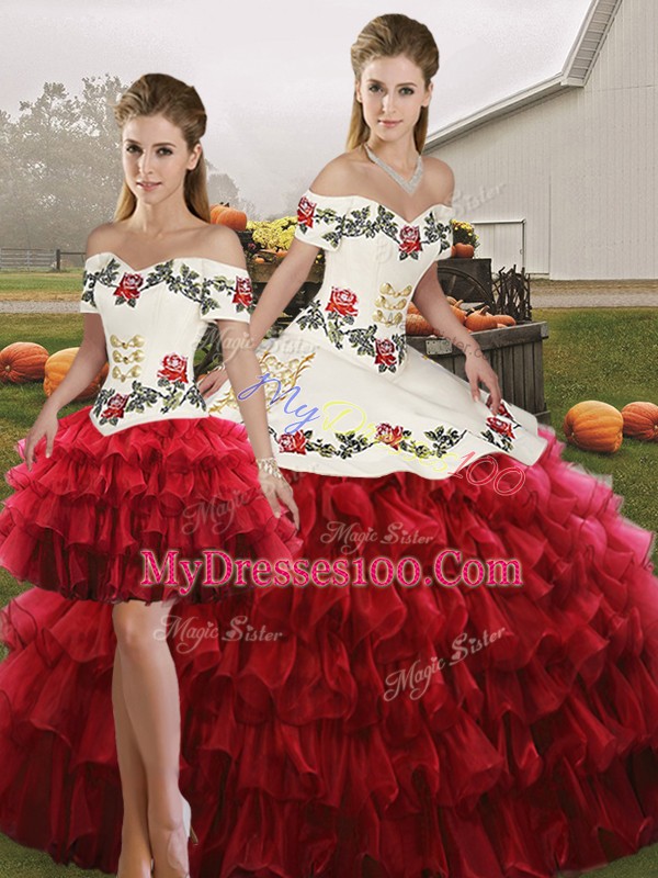 Trendy Wine Red Quinceanera Dresses Military Ball and Sweet 16 and Quinceanera with Embroidery and Ruffled Layers Off The Shoulder Sleeveless Lace Up