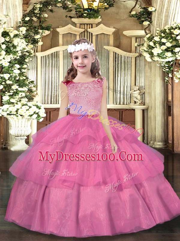 Attractive Scoop Sleeveless Zipper Girls Pageant Dresses Pink Organza
