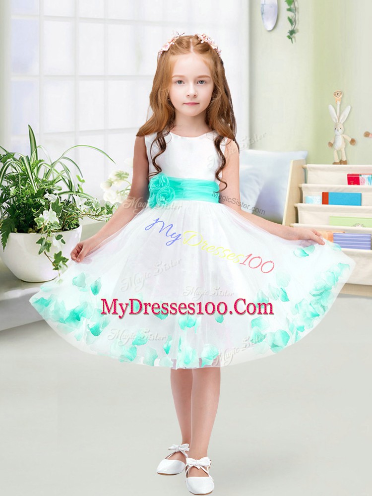Luxurious White Zipper Scoop Appliques and Belt Flower Girl Dresses Tulle Sleeveless
