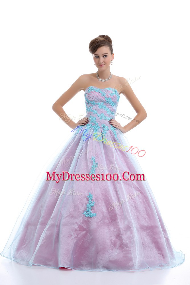 Dramatic Light Blue Sleeveless Floor Length Appliques Lace Up Sweet 16 Dresses