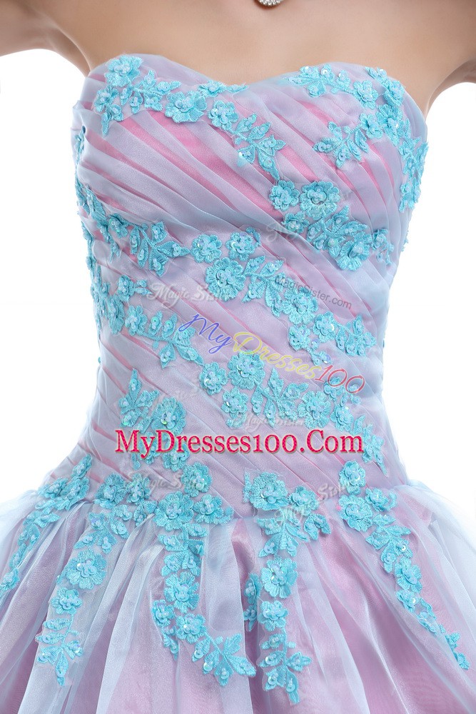 Dramatic Light Blue Sleeveless Floor Length Appliques Lace Up Sweet 16 Dresses