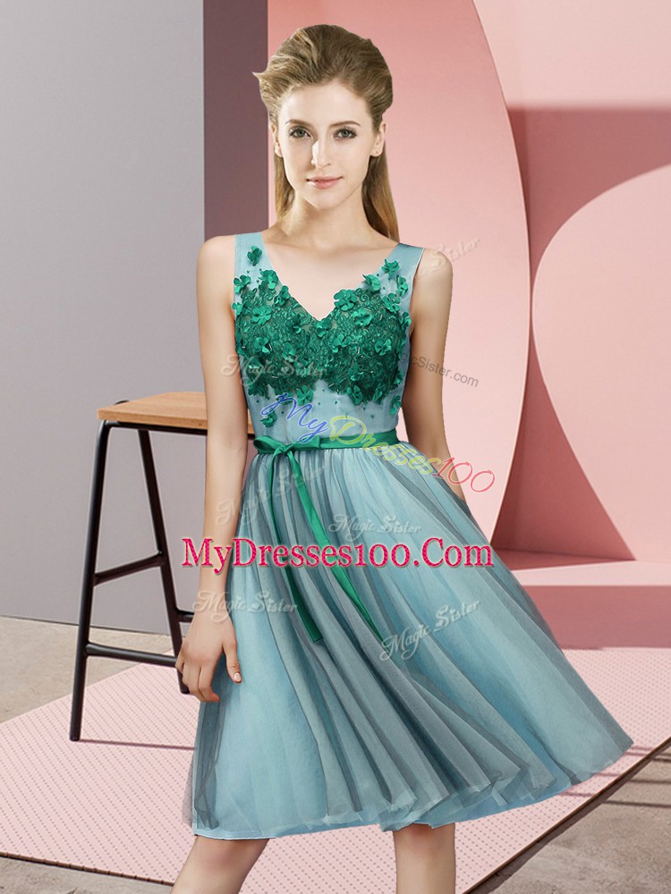 Shining Aqua Blue Lace Up Bridesmaid Dress Appliques Sleeveless Knee Length