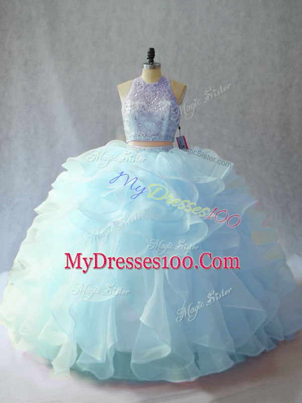 New Arrival Two Pieces Sleeveless Light Blue Ball Gown Prom Dress Brush Train Backless