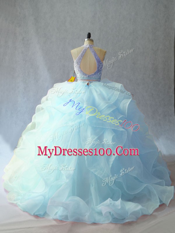 New Arrival Two Pieces Sleeveless Light Blue Ball Gown Prom Dress Brush Train Backless