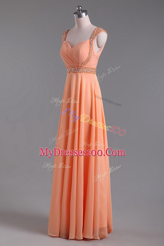 Beading and Ruching Prom Dress Orange Backless Sleeveless Floor Length