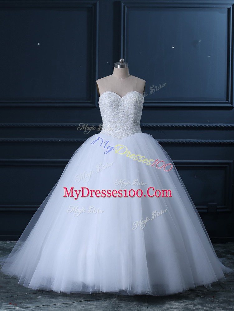 New Style White Sleeveless Tulle Brush Train Lace Up Wedding Dress for Wedding Party