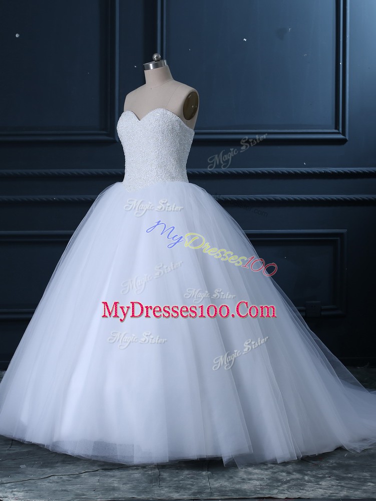 New Style White Sleeveless Tulle Brush Train Lace Up Wedding Dress for Wedding Party