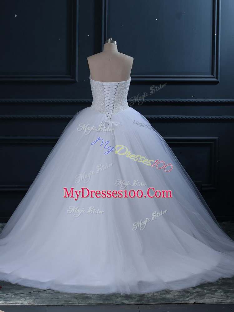 New Style White Sleeveless Tulle Brush Train Lace Up Wedding Dress for Wedding Party