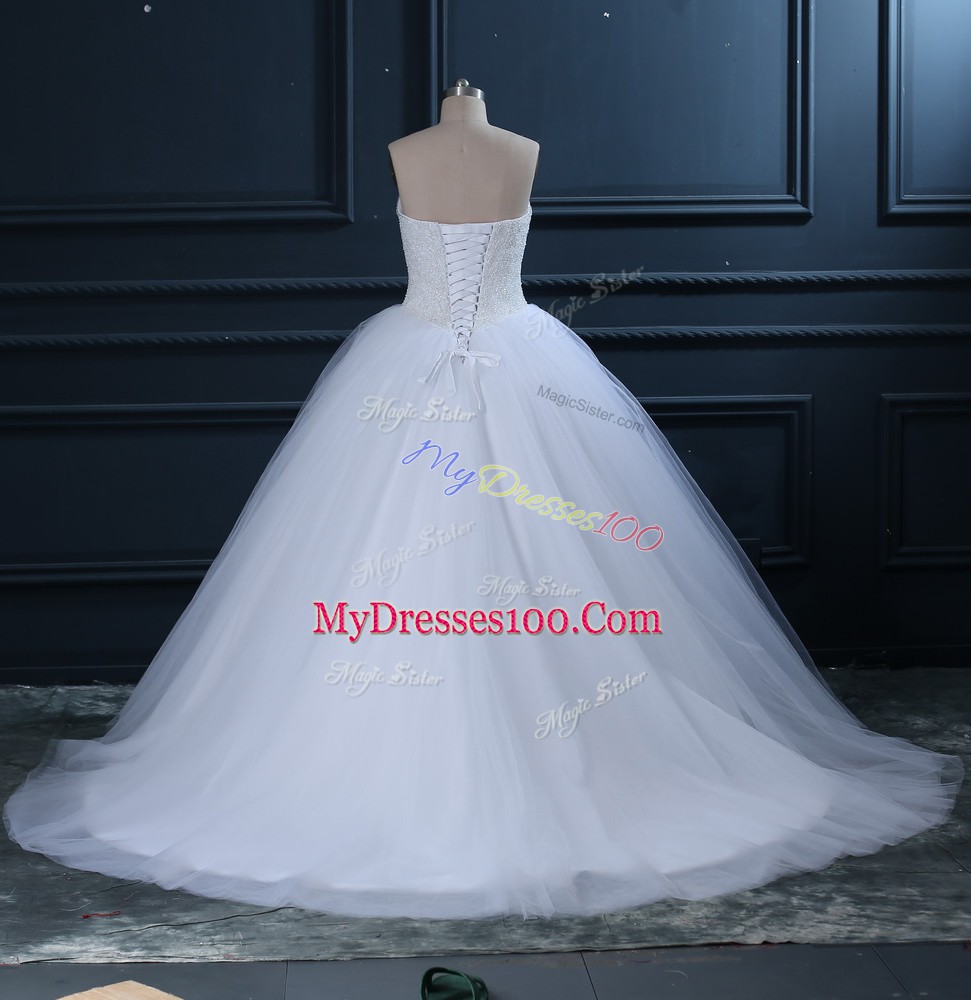 New Style White Sleeveless Tulle Brush Train Lace Up Wedding Dress for Wedding Party