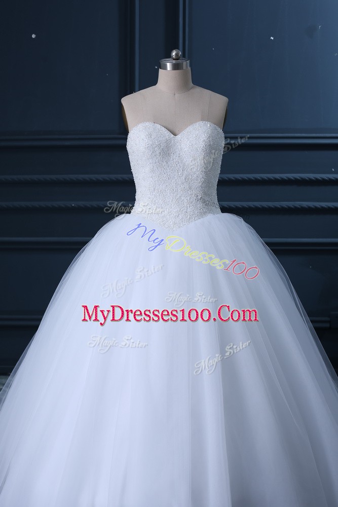 New Style White Sleeveless Tulle Brush Train Lace Up Wedding Dress for Wedding Party