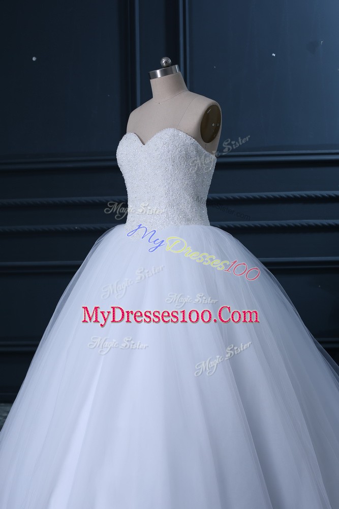 New Style White Sleeveless Tulle Brush Train Lace Up Wedding Dress for Wedding Party