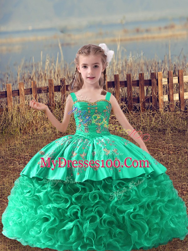 High Quality Turquoise Lace Up Little Girls Pageant Dress Wholesale Embroidery Sleeveless Sweep Train